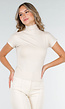 Beige Stretch Top met Col en Korte Mouwen
