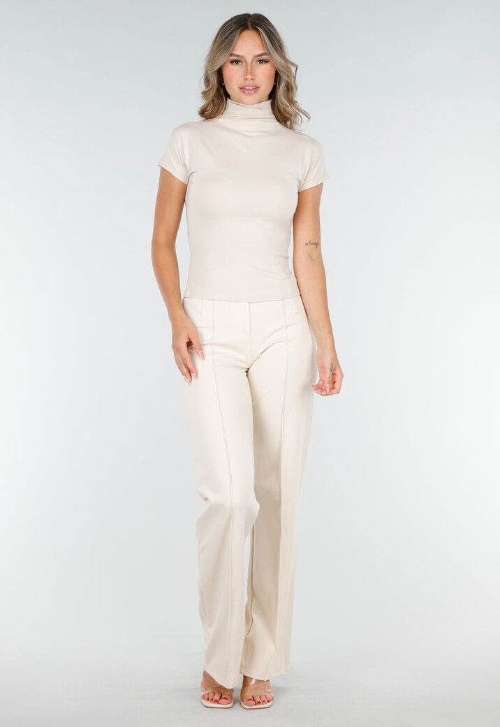 Beige Stretch Top met Col en Korte Mouwen