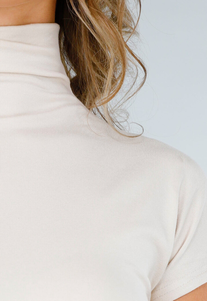 Beige Stretch Top met Col en Korte Mouwen