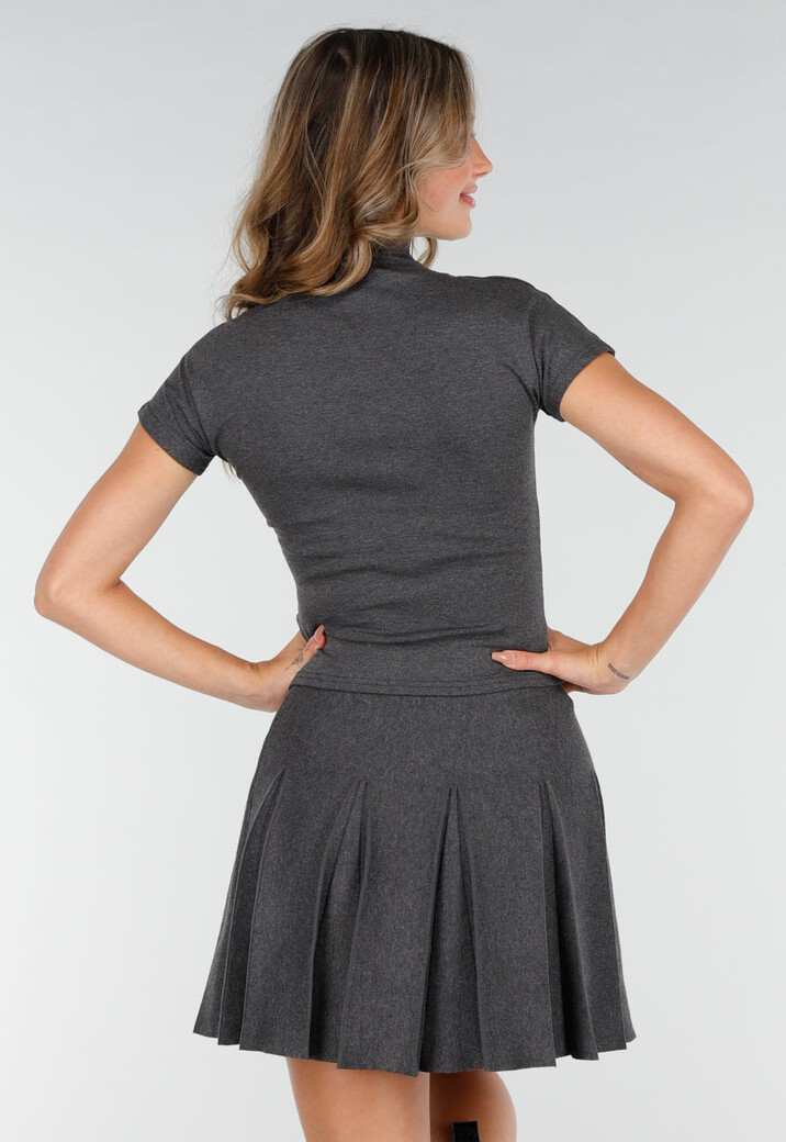 Grijze Stretch Top met Col en Korte Mouwen