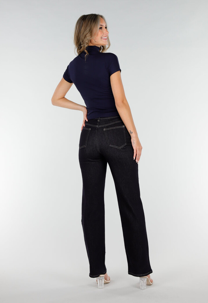 Navy Stretch Top met Col en Korte Mouwen