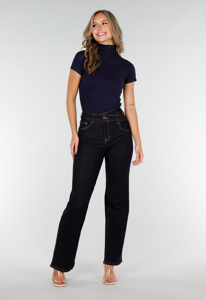 Navy Stretch Top met Col en Korte Mouwen