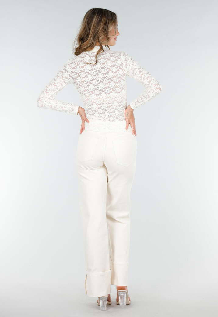 Kanten Beige Top met Lange Mouwen en Col