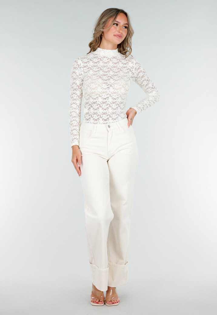 Kanten Beige Top met Lange Mouwen en Col