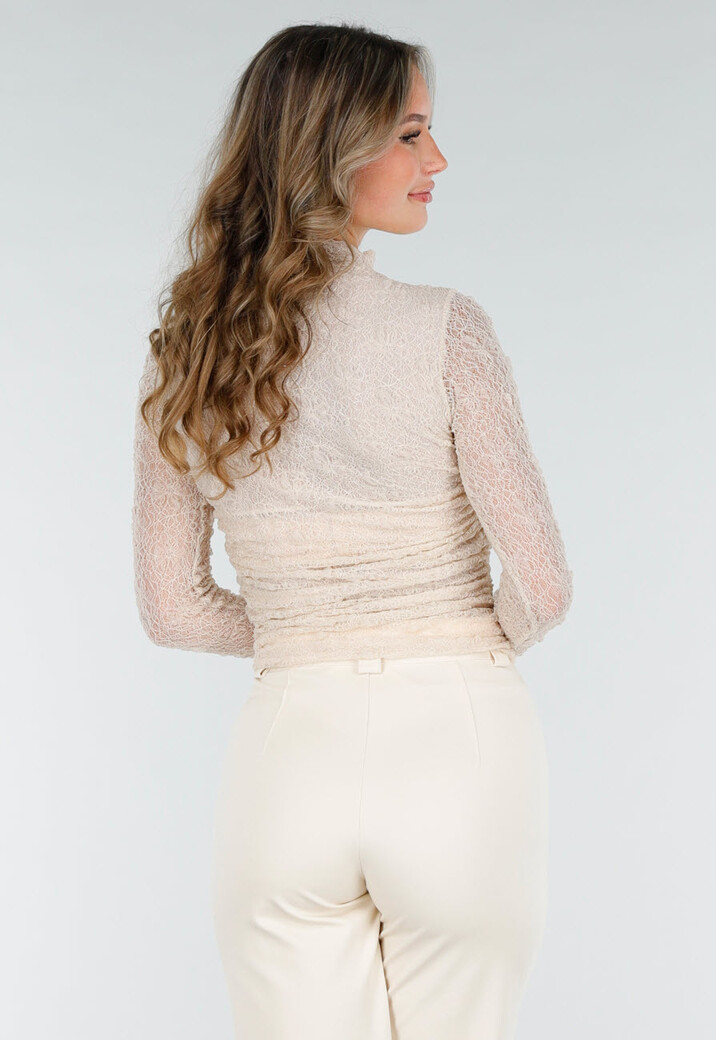 Beige See Through Kanten Top met Gedrappeerd Effect