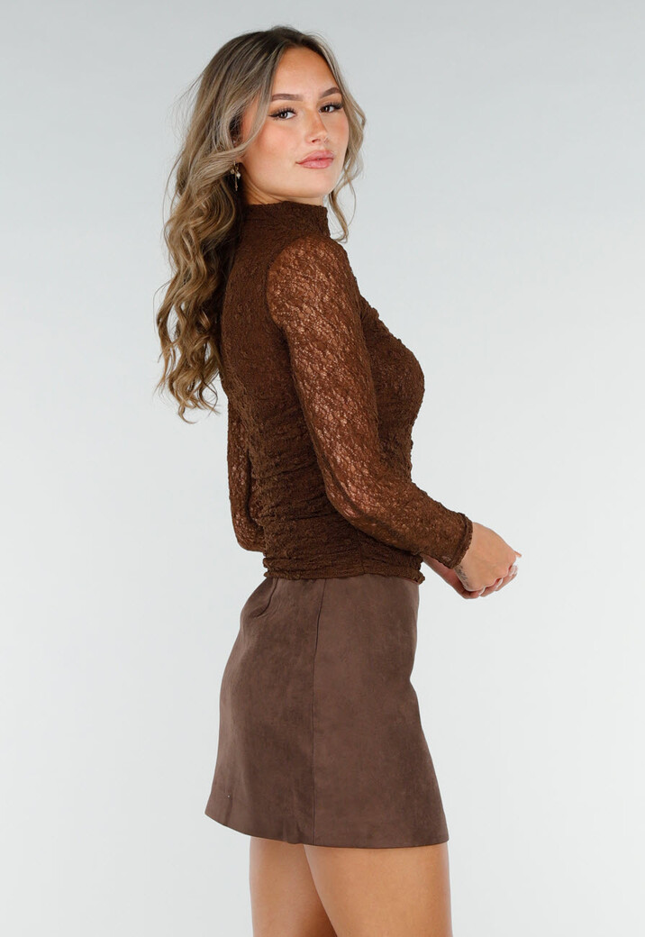 Bruine See Through Kanten Top met Gedrappeerd Effect