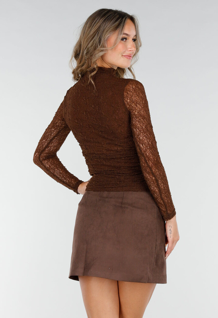 Bruine See Through Kanten Top met Gedrappeerd Effect