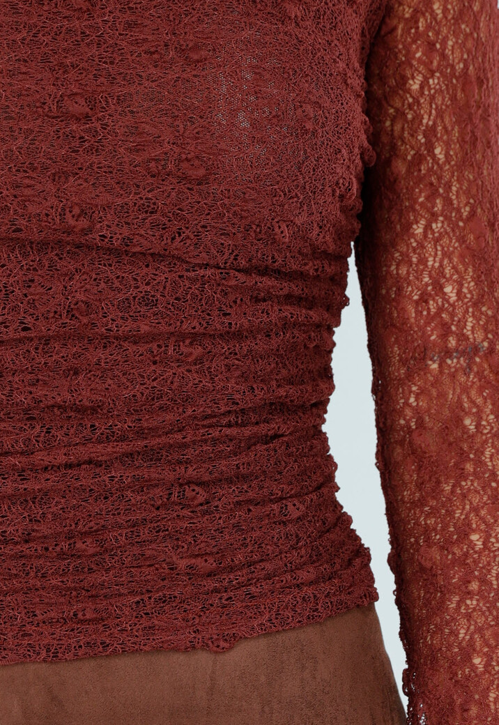 Roestkleurige See Through Kanten Top met Gedrappeerd Effect