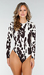 Bruin-Witte Stretch Body met Koeienprint en Lange Mouwen