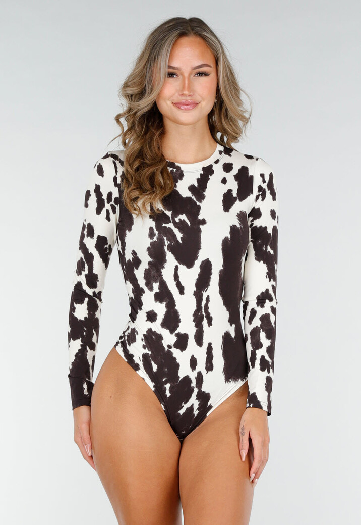 Bruin-Witte Stretch Body met Koeienprint en Lange Mouwen