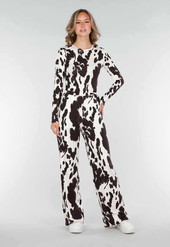 Bruin-Witte Stretch Body met Koeienprint en Lange Mouwen
