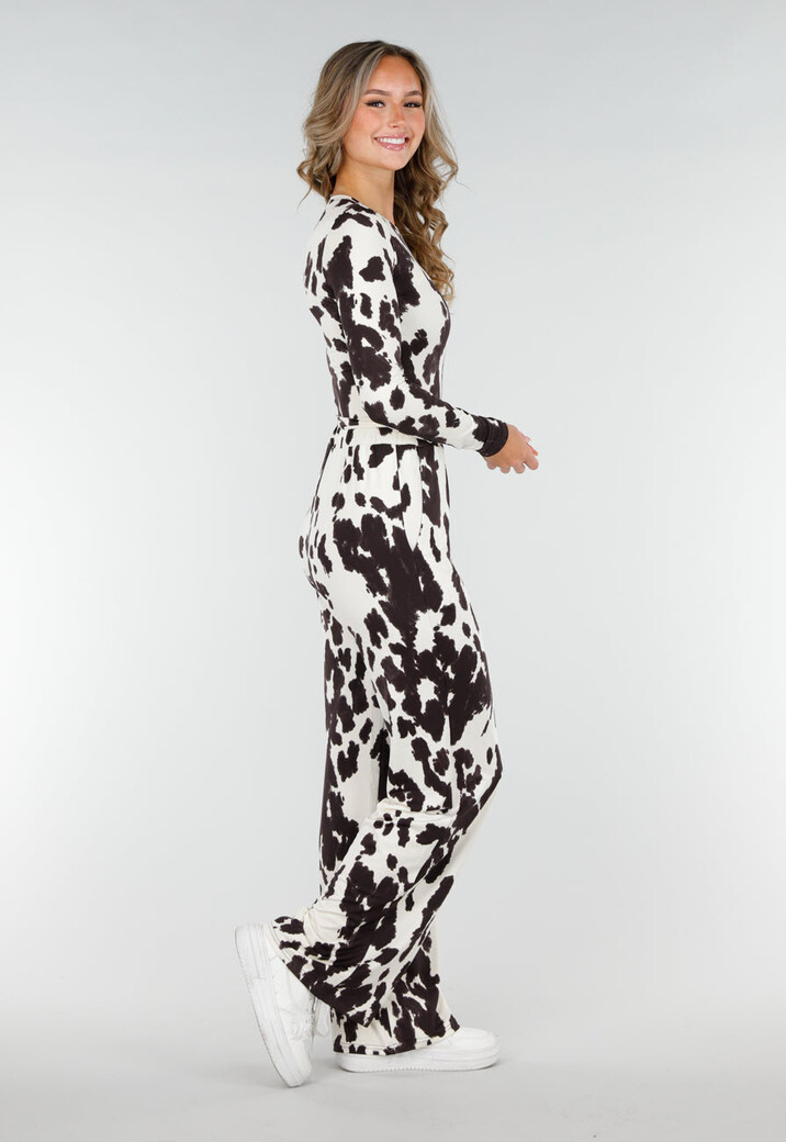 Bruin-Witte Stretch Body met Koeienprint en Lange Mouwen