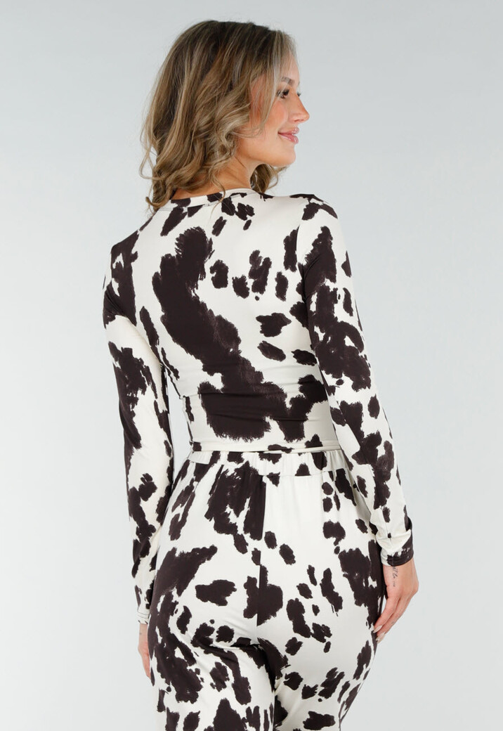 Bruin-Witte Stretch Body met Koeienprint en Lange Mouwen