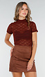 Bordeaux Gehaakte Stretch Top met Col en Korte Mouwen