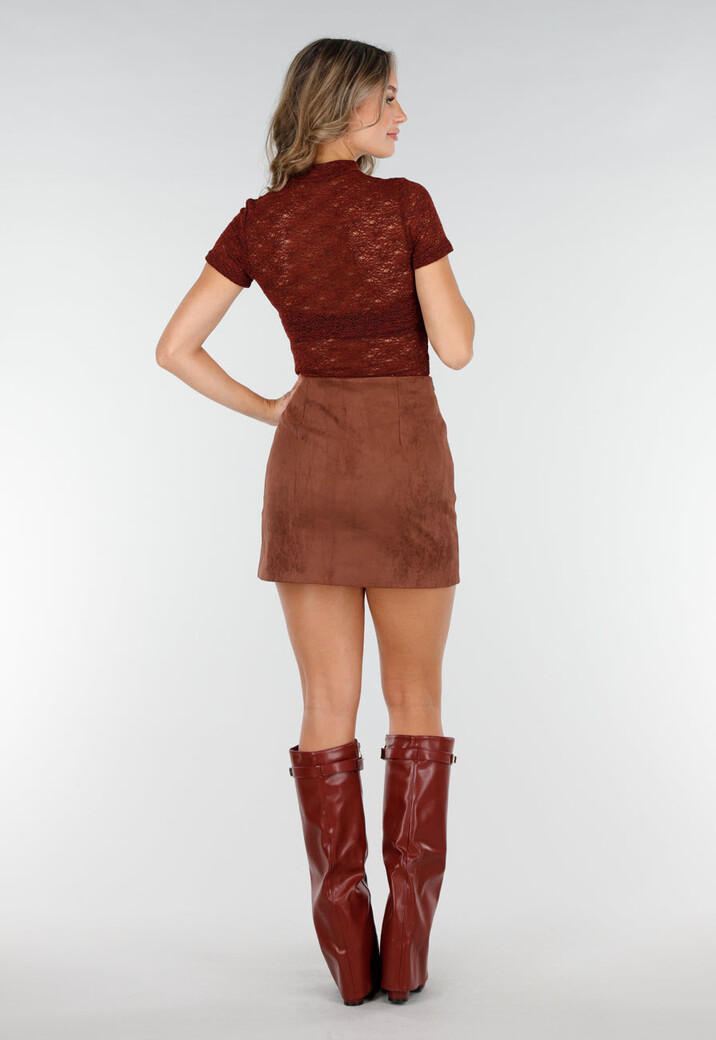 Bordeaux Gehaakte Stretch Top met Col en Korte Mouwen