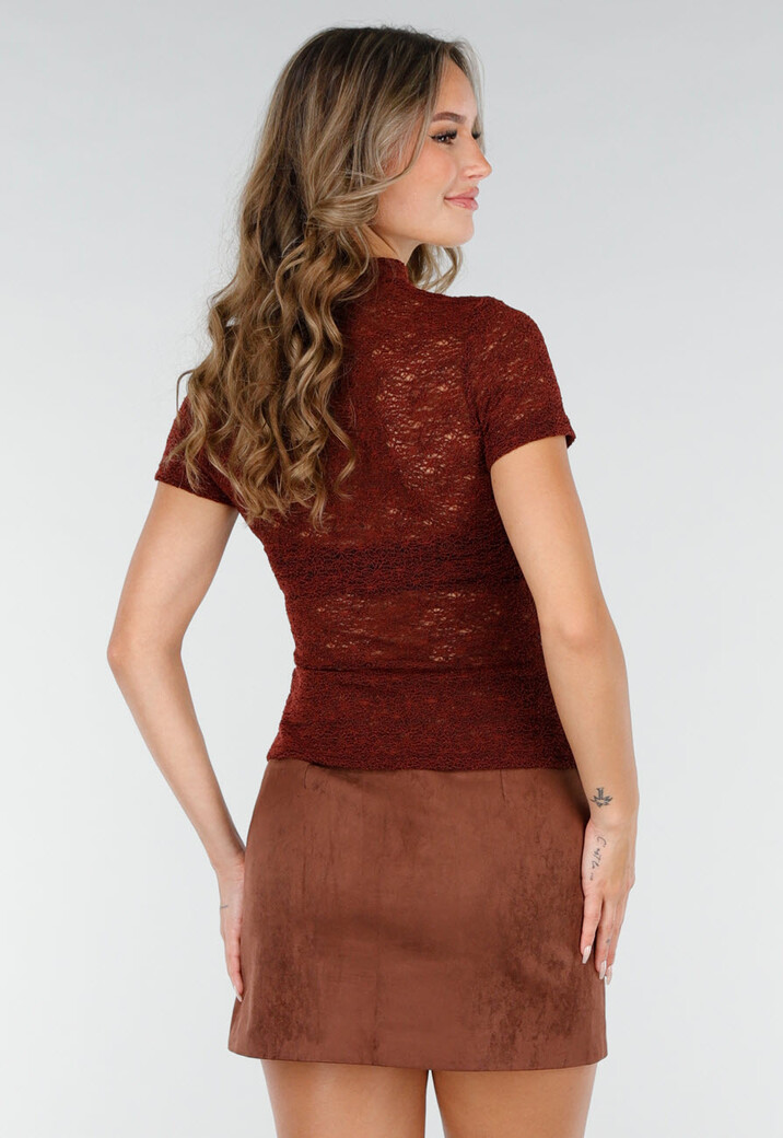 Bordeaux Gehaakte Stretch Top met Col en Korte Mouwen