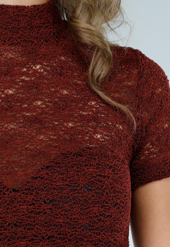 Bordeaux Gehaakte Stretch Top met Col en Korte Mouwen