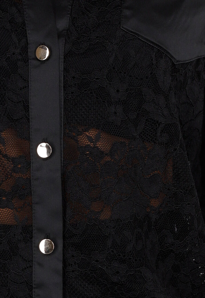 Zwarte Kanten Blouse met Satijnkraag en Goudkleurige Knopen