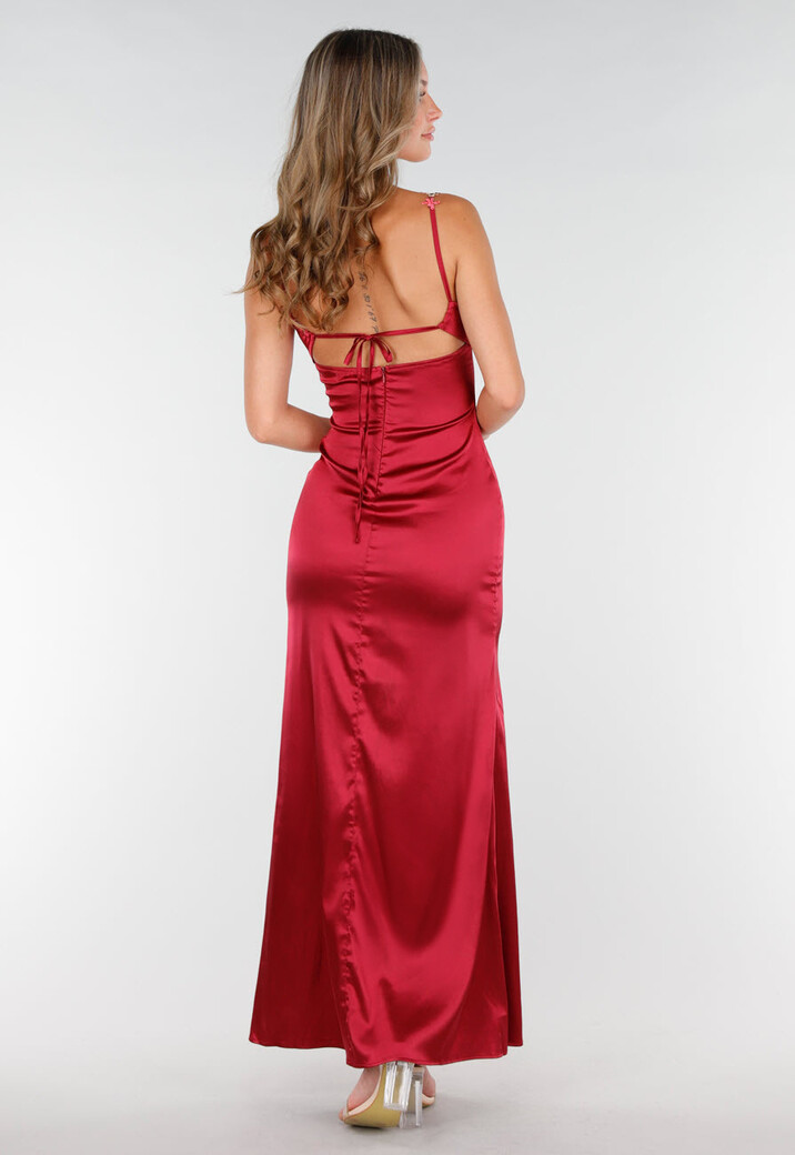Satijnen Maxi Jurk in Wijnrood met Bloemenbandjes