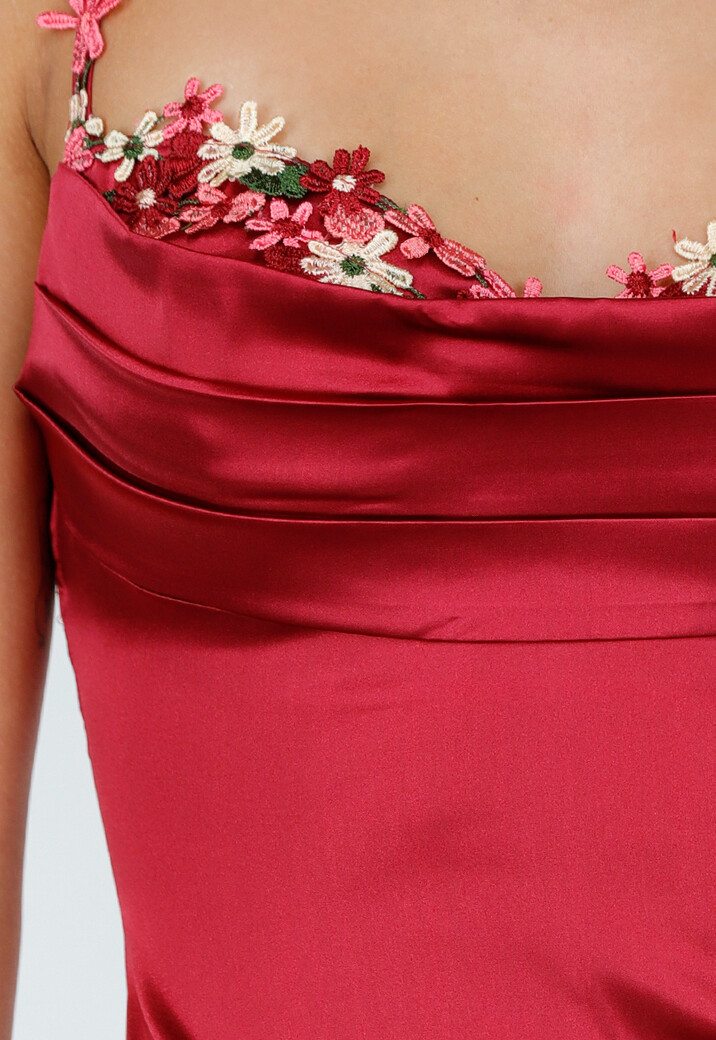 Satijnen Maxi Jurk in Wijnrood met Bloemenbandjes