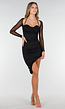 Zwarte Asymmetrische Halter Jurk met Lange Mouwen en Mesh