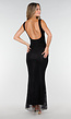 Zwarte Lange Glitter Maxi Jurk met Strass Steentjes en Lage Rug