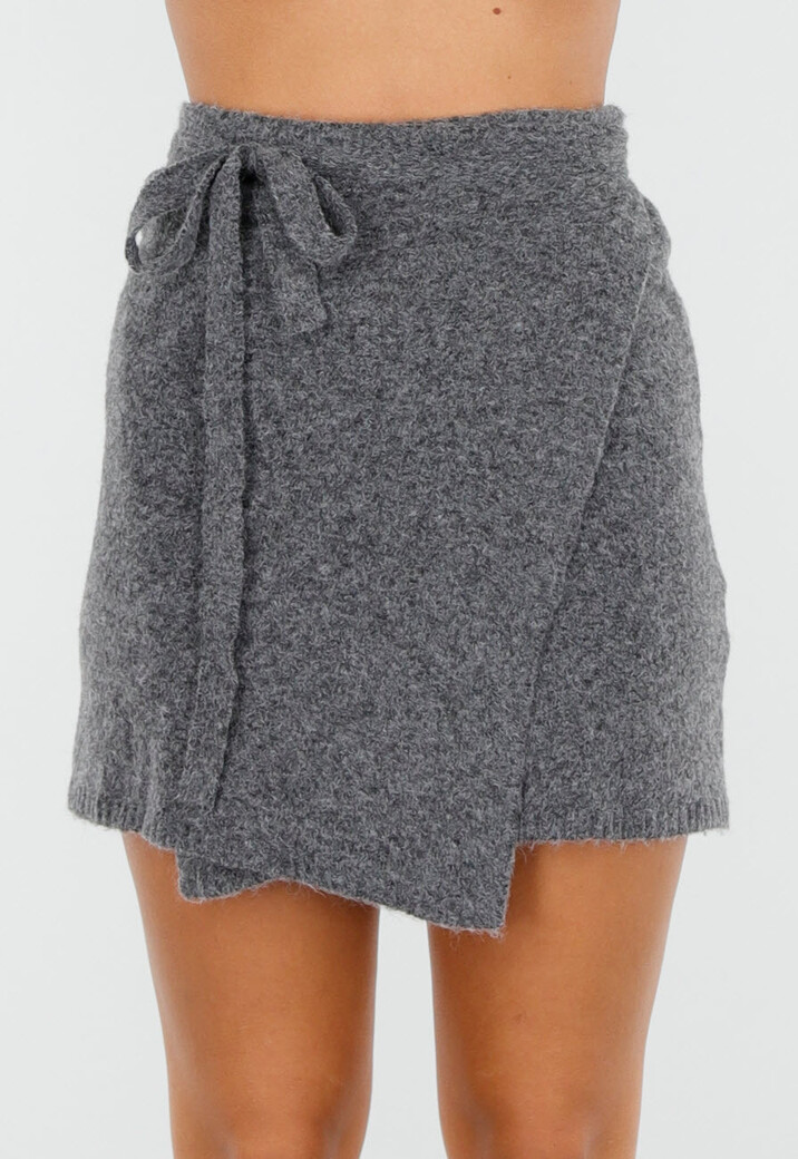 Grijze Gebreide Overslagrok met Strikdetail