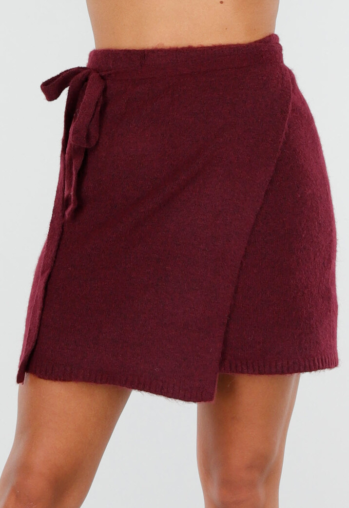 Bordeauxrode Gebreide Overslagrok met Strikdetail