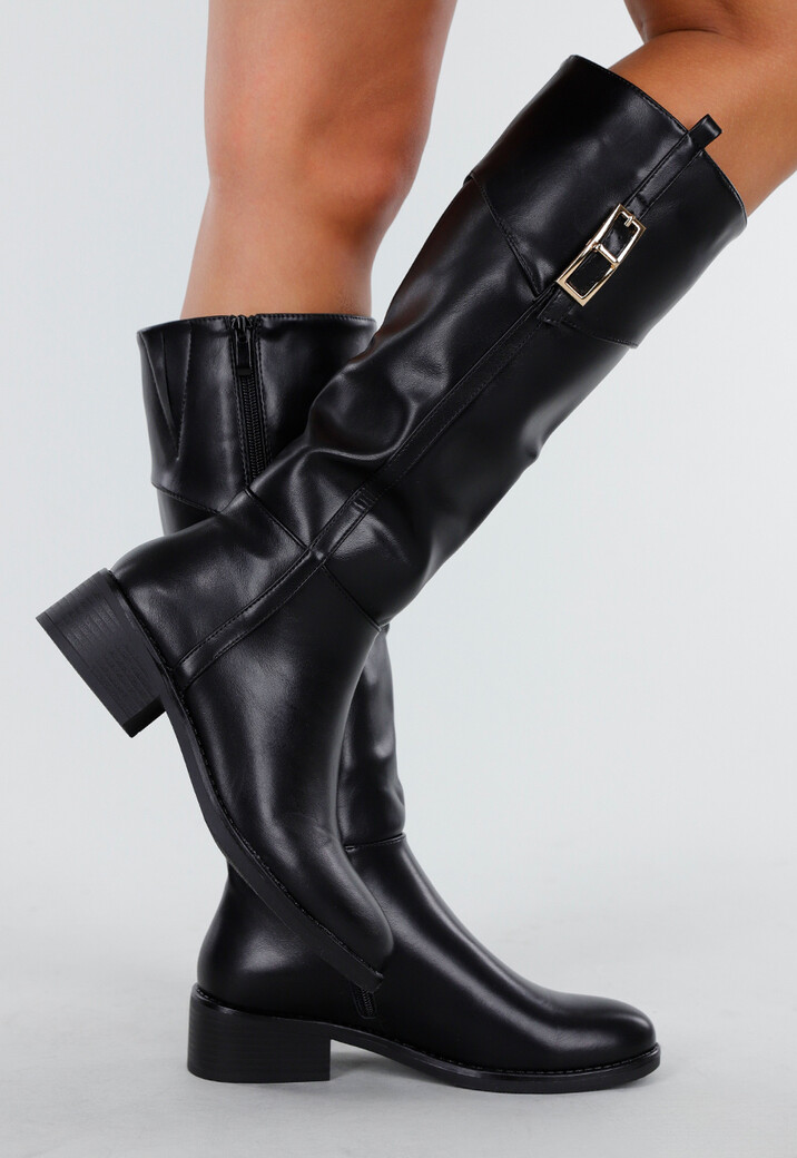 Zwarte Hoge Laarzen met Rits en Goudkleurige Gesp