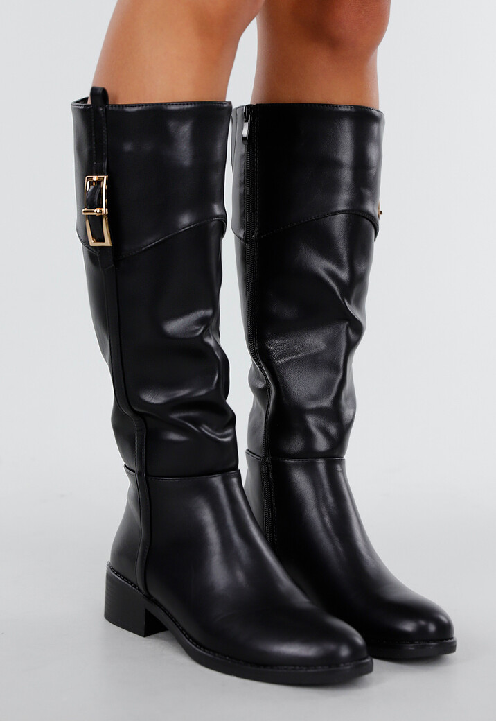 Zwarte Hoge Laarzen met Rits en Goudkleurige Gesp