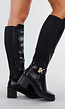 Zwarte Kniehoge Laarzen met Blokhak en Goudkleurige Gesp