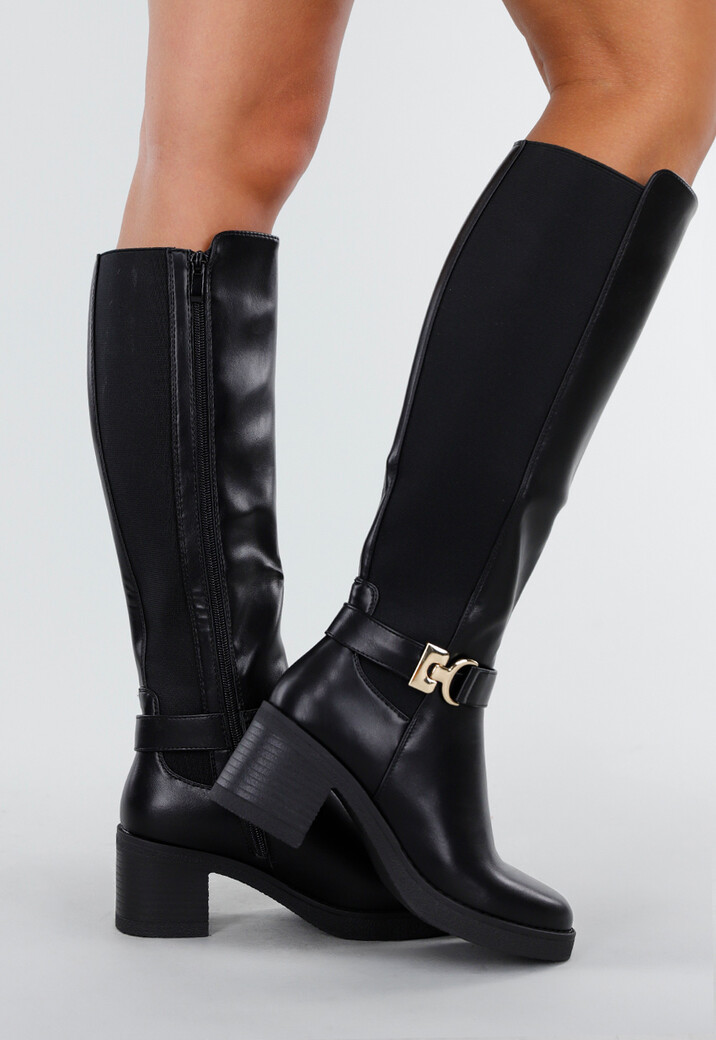 Zwarte Kniehoge Laarzen met Blokhak en Goudkleurige Gesp