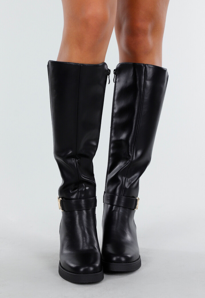 Zwarte Kniehoge Laarzen met Blokhak en Goudkleurige Gesp