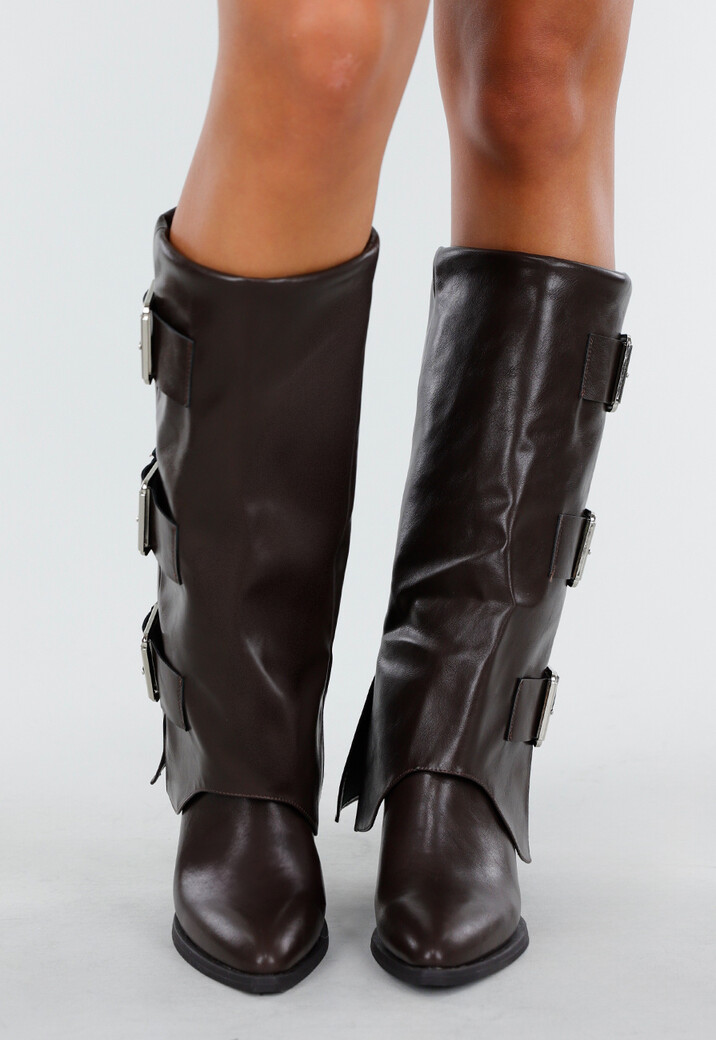 Donkerbruine Laarzen met Gespen en Blokhak tot de Knie