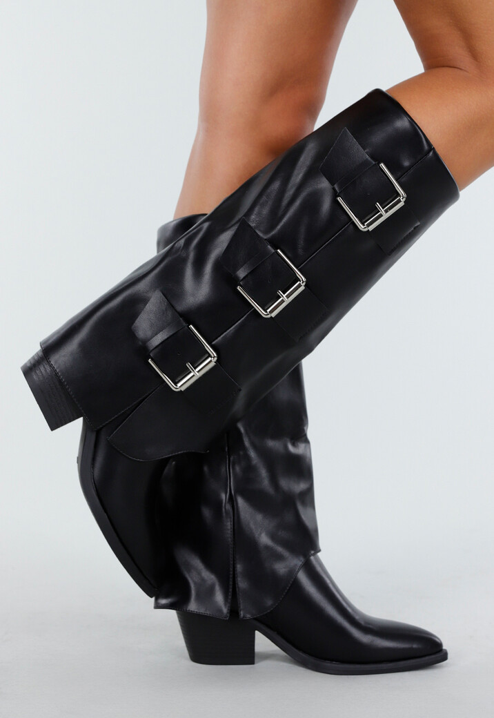 Zwarte Hoge Laarzen met Brede Gespen en Rechte Schacht