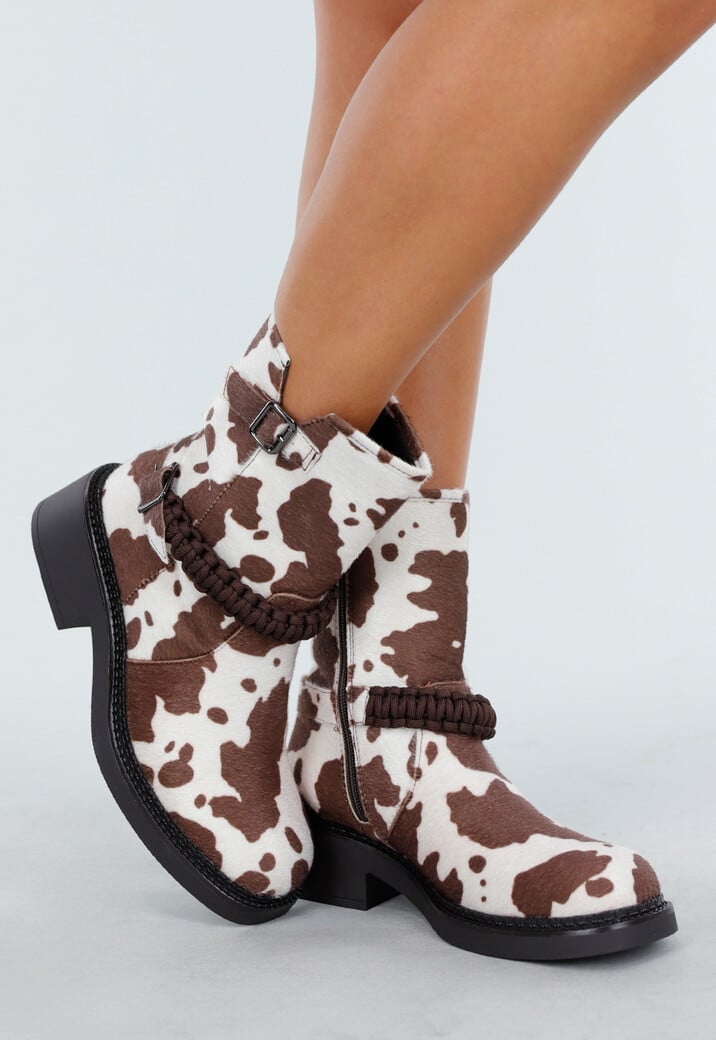 Cowprint Enkellaarsjes met Vlechtband en Blokhak