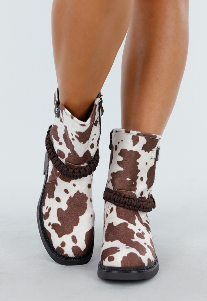 Cowprint Enkellaarsjes met Vlechtband en Blokhak
