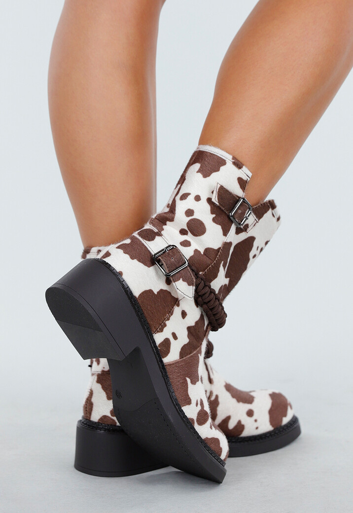 Cowprint Enkellaarsjes met Vlechtband en Blokhak