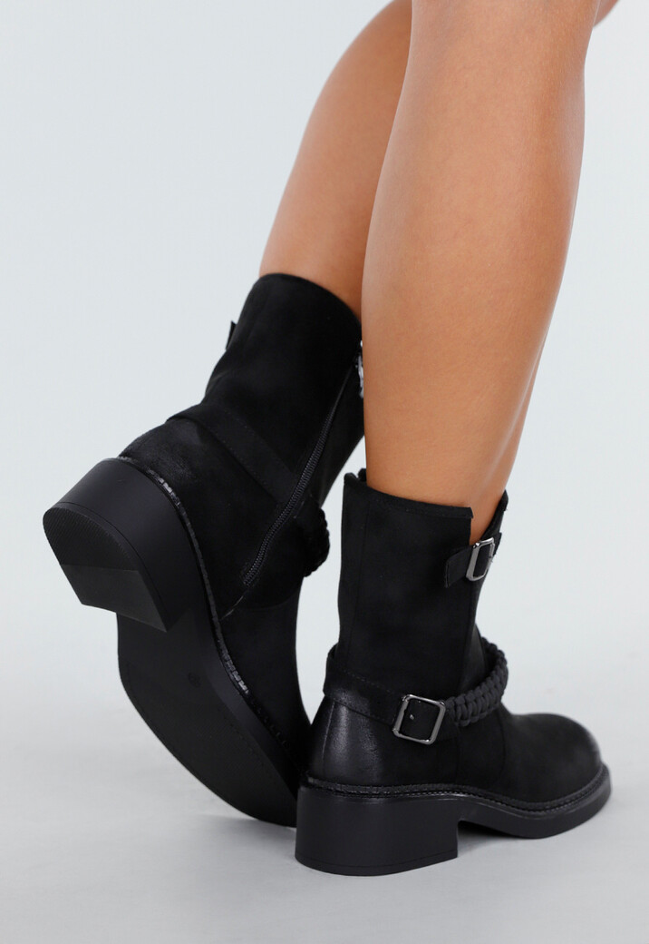 Zwarte Enkellaarsjes met Gespen en Blokhak