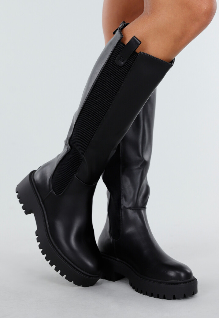 Zwarte Hoge Laarzen met Chunky Zool en Elastisch Detail