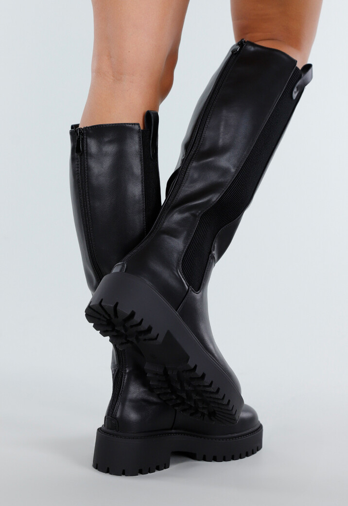 Zwarte Hoge Laarzen met Chunky Zool en Elastisch Detail