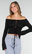 Zwarte Off-Shoulder Crop Top met Stretch en Striksluiting