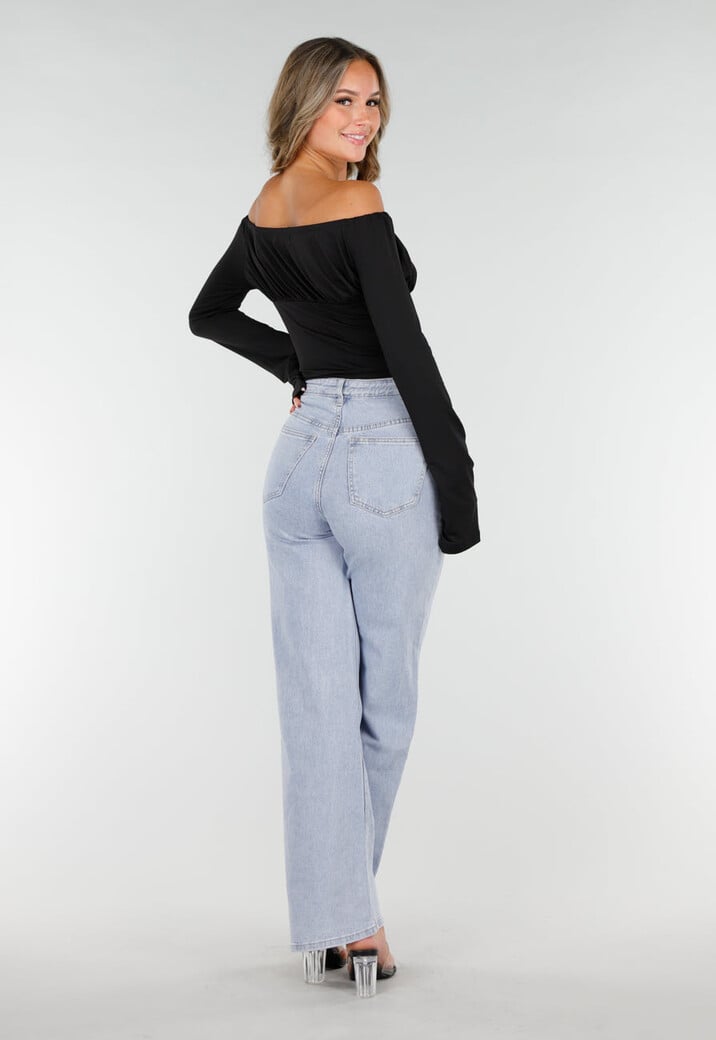 Zwarte Off-Shoulder Crop Top met Stretch en Striksluiting