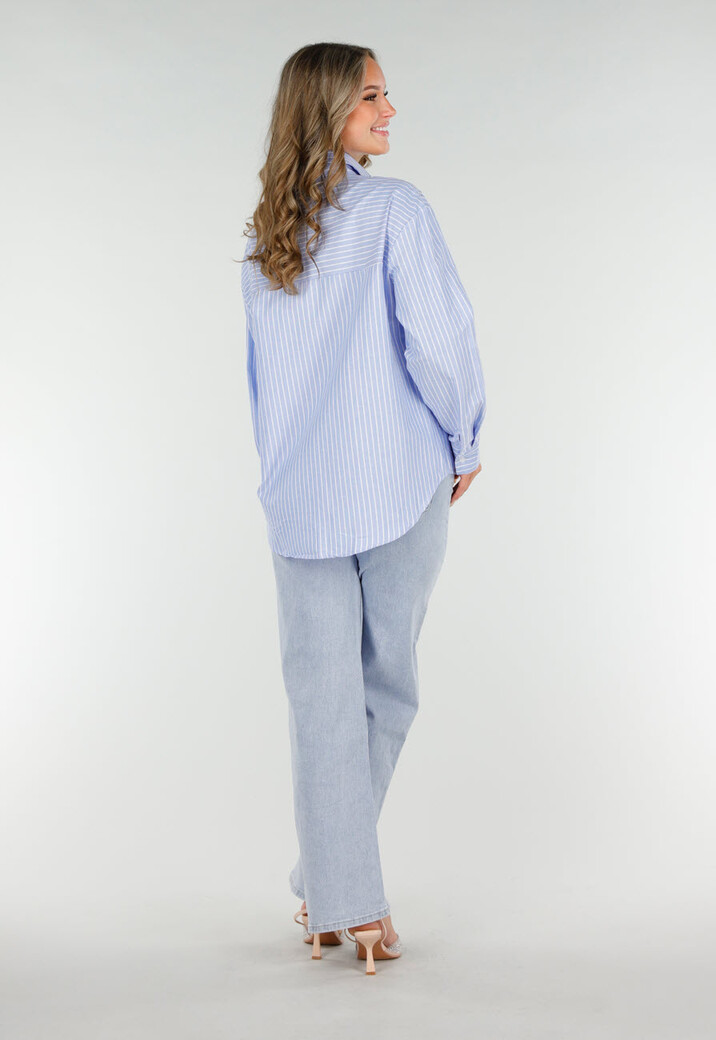 Blauw-Wit Gestreepte Blouse met Strass Steentjes