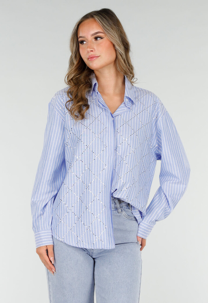 Blauw-Wit Gestreepte Blouse met Strass Steentjes