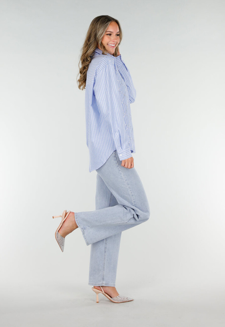 Blauw-Wit Gestreepte Blouse met Strass Steentjes