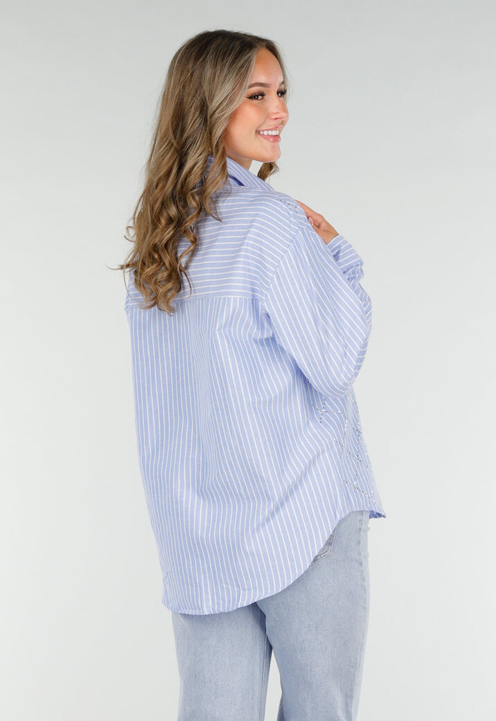 Blauw-Wit Gestreepte Blouse met Strass Steentjes