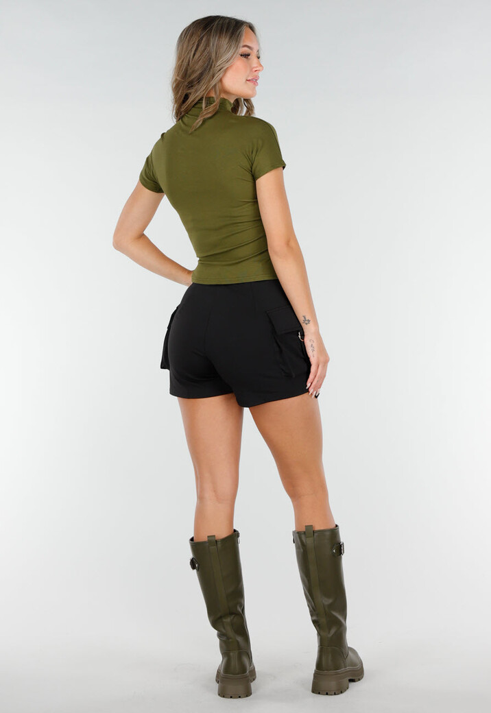 Groene Stretch Top met Col en Korte Mouwen