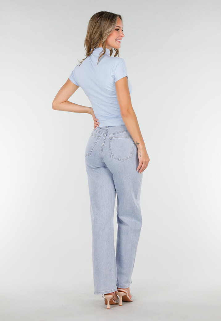 Lichtblauwe Stretch Top met Col en Korte Mouwen