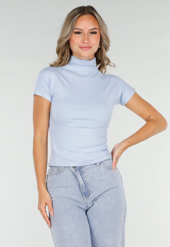 Lichtblauwe Stretch Top met Col en Korte Mouwen